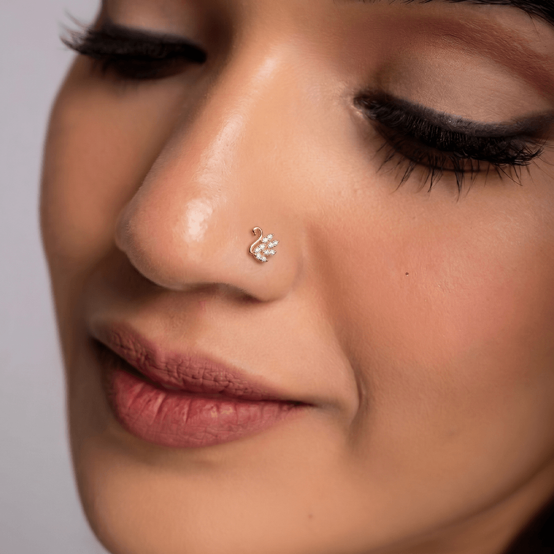 Graceful Diamond Swan Nose Pin in 18K Yellow Gold