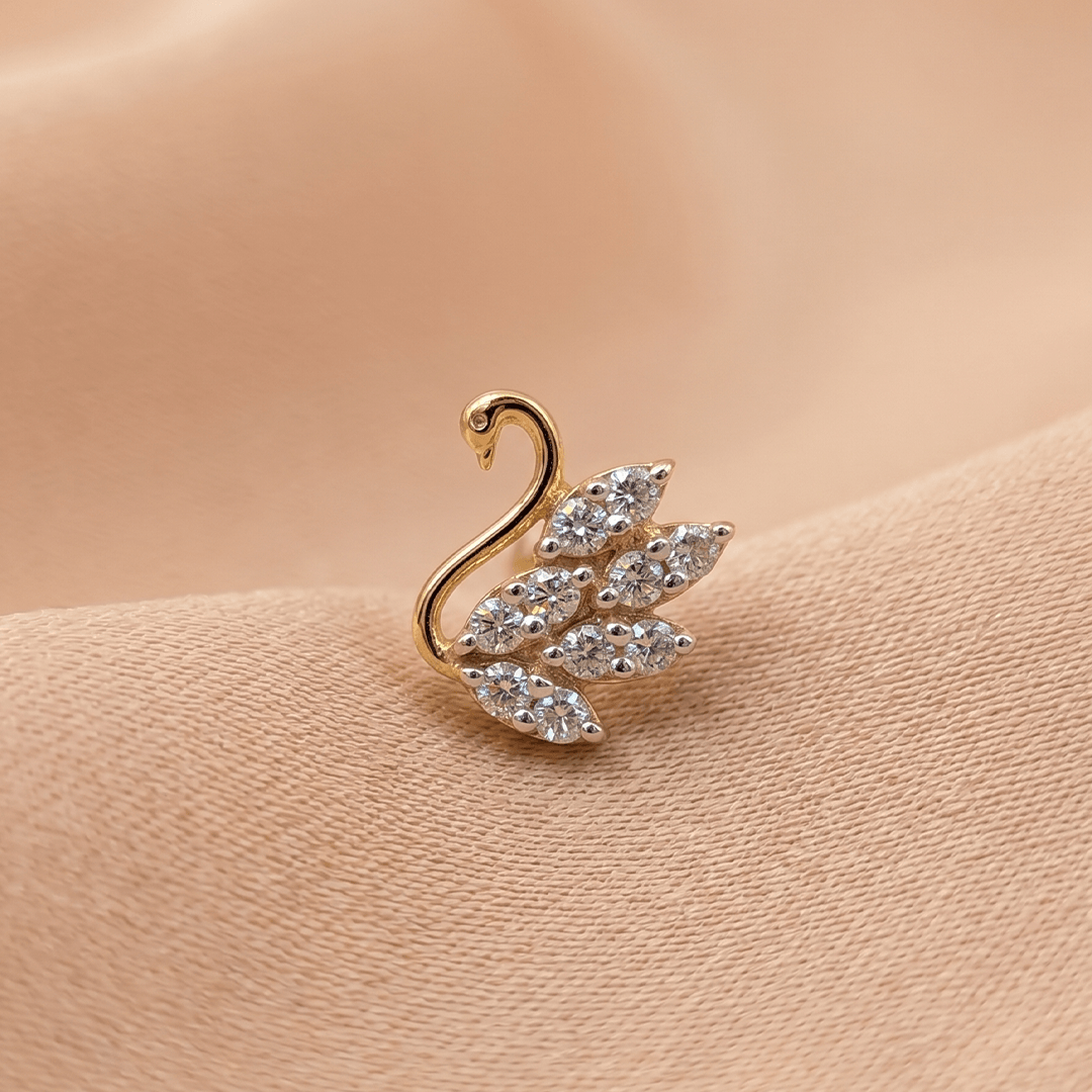 Graceful Diamond Swan Nose Pin in 18K Yellow Gold