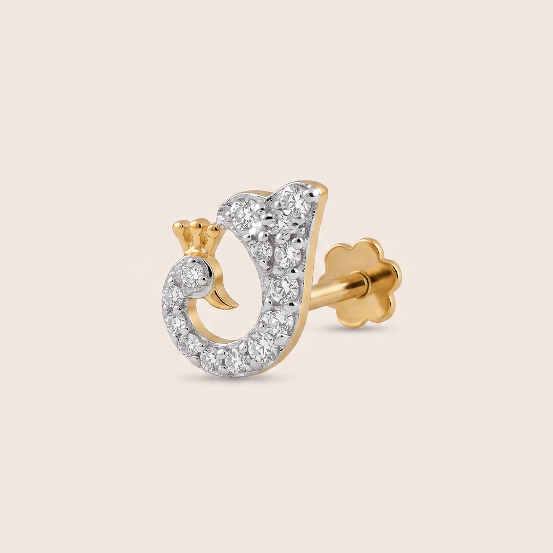 Regal Diamond Peacock Nose Pin in 18K Yellow Gold