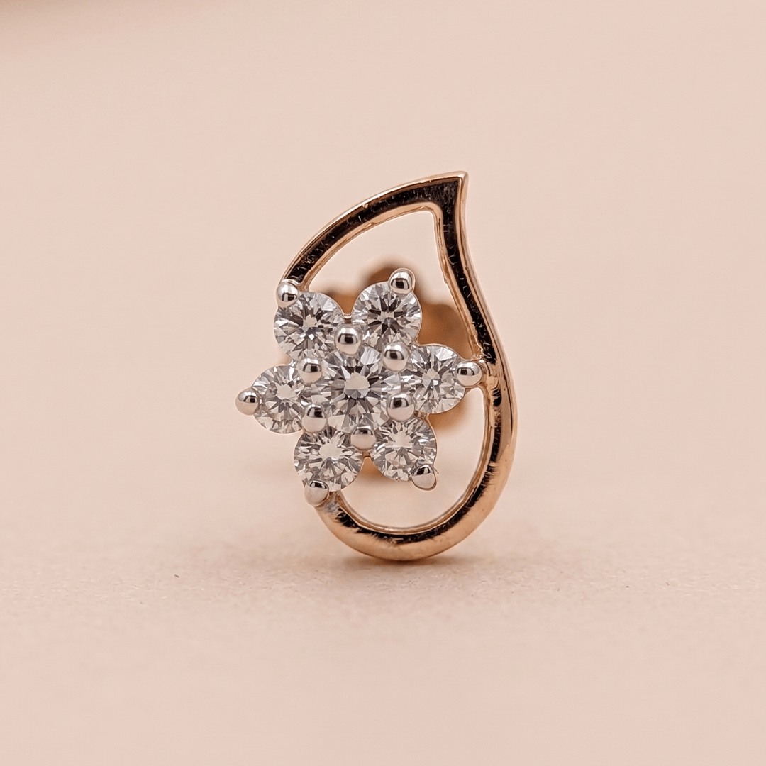 Delicate Diamond Floral Teardrop Nose Pin in 18K Rose Gold
