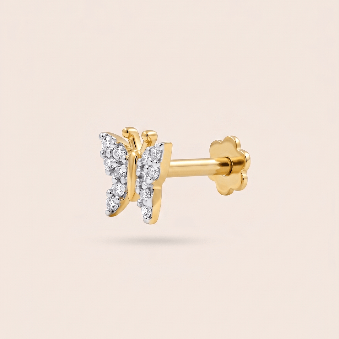 Delicate Diamond Butterfly Nose Pin in 18K Yellow Gold