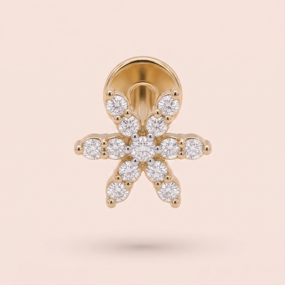Delicate Six-Petal Diamond Blossom Nose Pin in 18K Yellow Gold