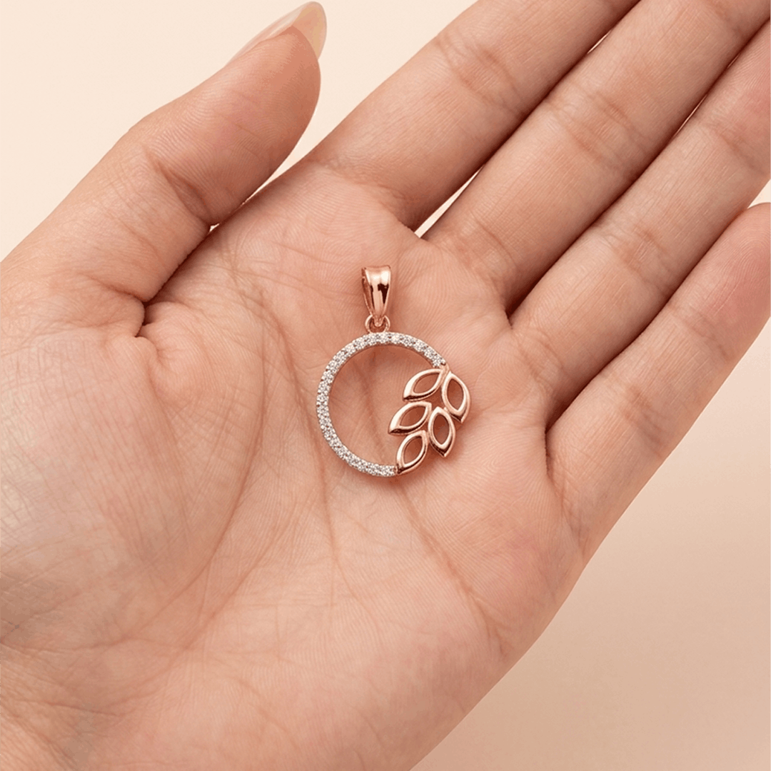 Botanical Circle of Light 18K Rose Gold Diamond Leaf Pendant