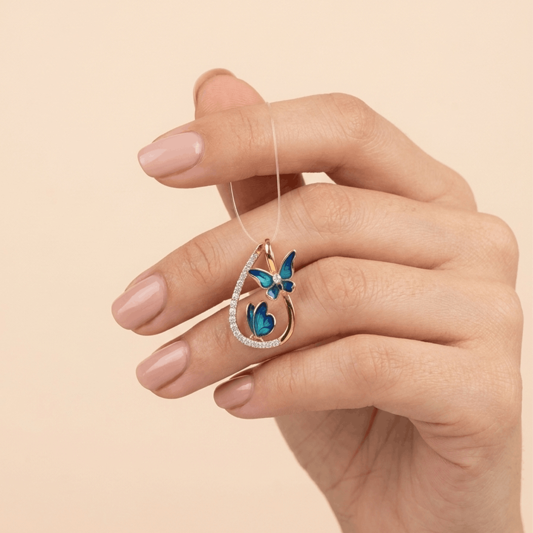 Butterfly Whisper 18K Rose Gold Diamond & Blue Enamel Pendant
